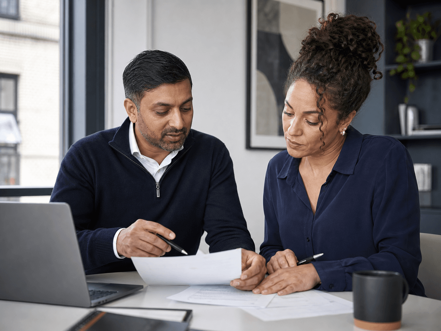 An adviser and business owner reviewing financial records