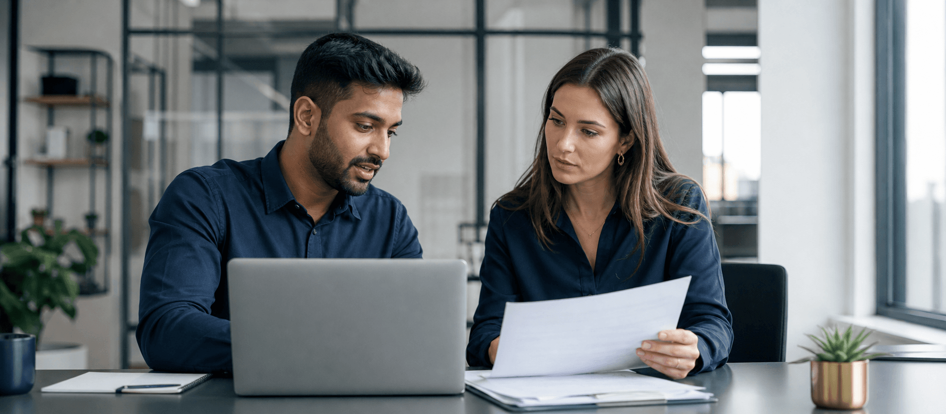 A business owner and adviser reviewing financial information together